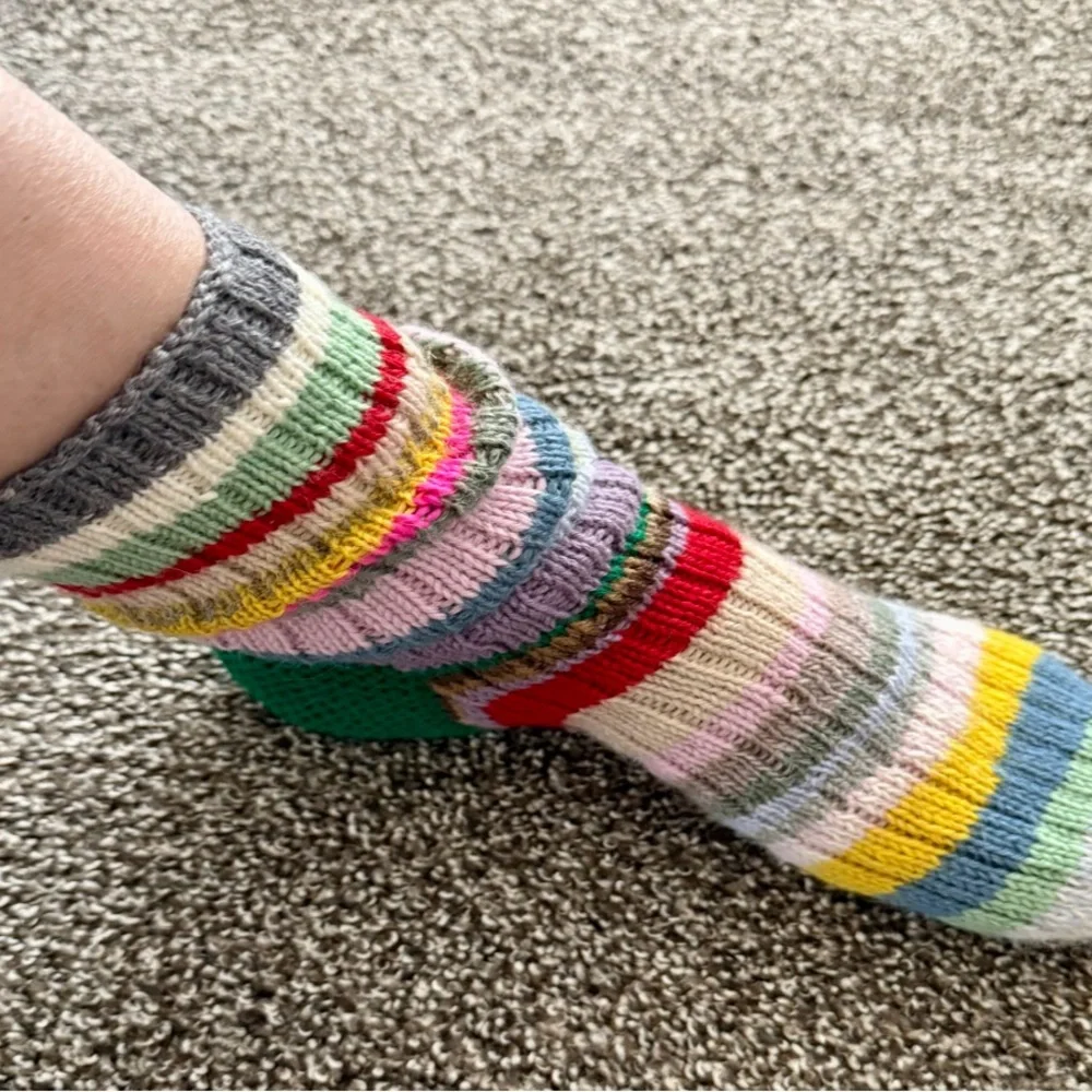 Women’s Scrappy Wool Socks Rainbow Striped Hand Knit - Picture 7 of 7